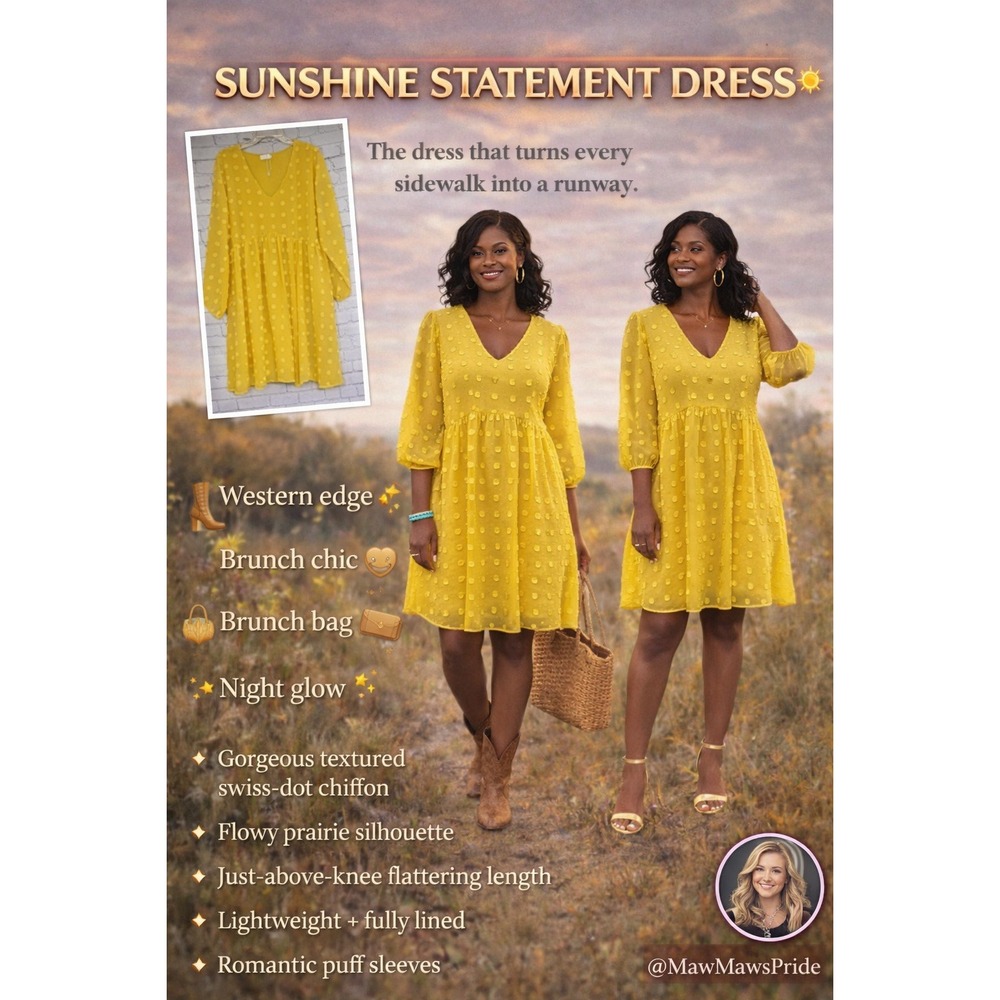 OURS Yellow Swiss Dot Prairie Dress Boho Flowy Long Sleeve Size M sunshine